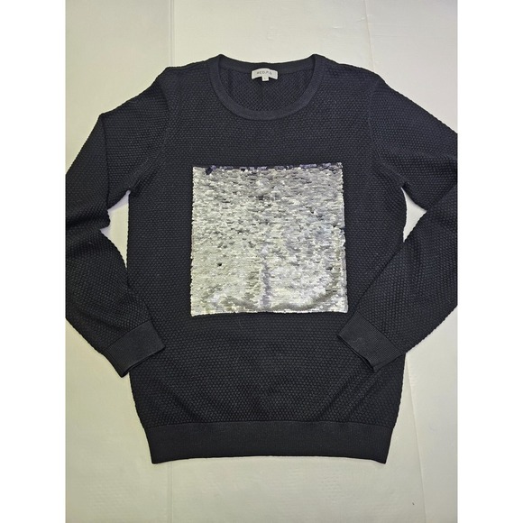 RED P G Black Textured Sweater Sequin Front Square Neck Long Sleeve Size L - Picture 1 of 7